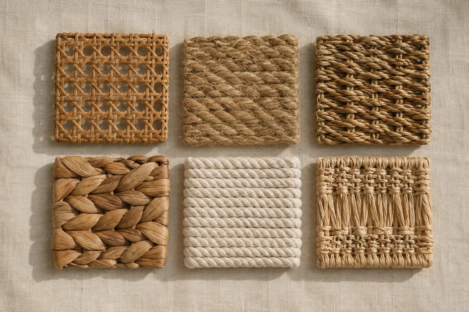 Six woven fibre swatches laid out in two rows of three: rattan cane, jute rope, seagrass, water hyacinth, cotton rope and raffia, photographed from directly above.
