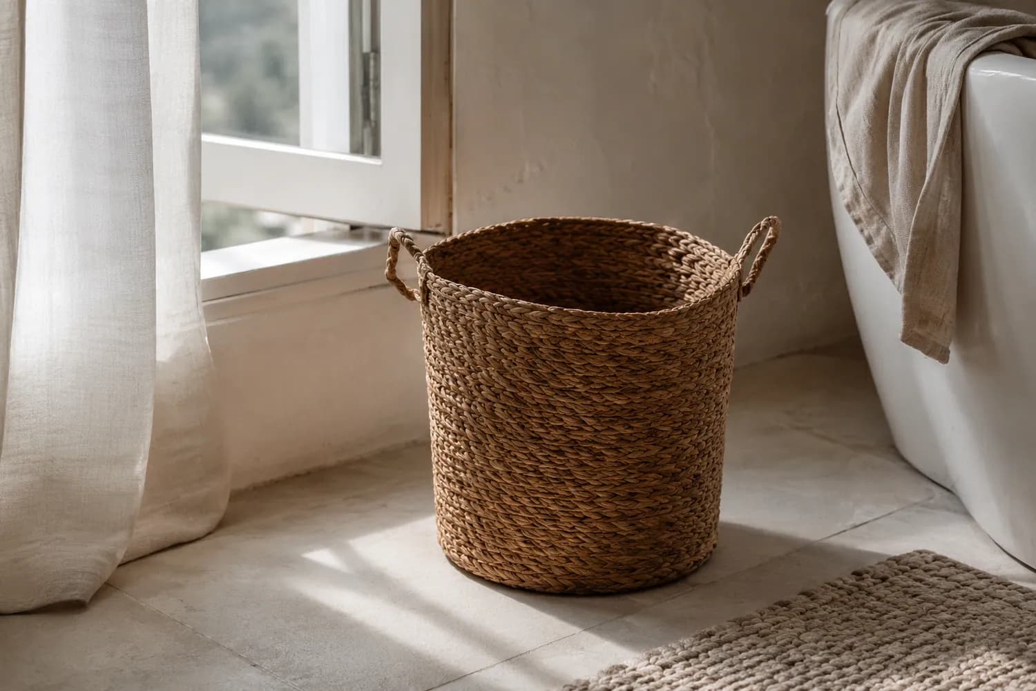 An empty seagrass basket on a pale bathroom floor beside a slightly open window.