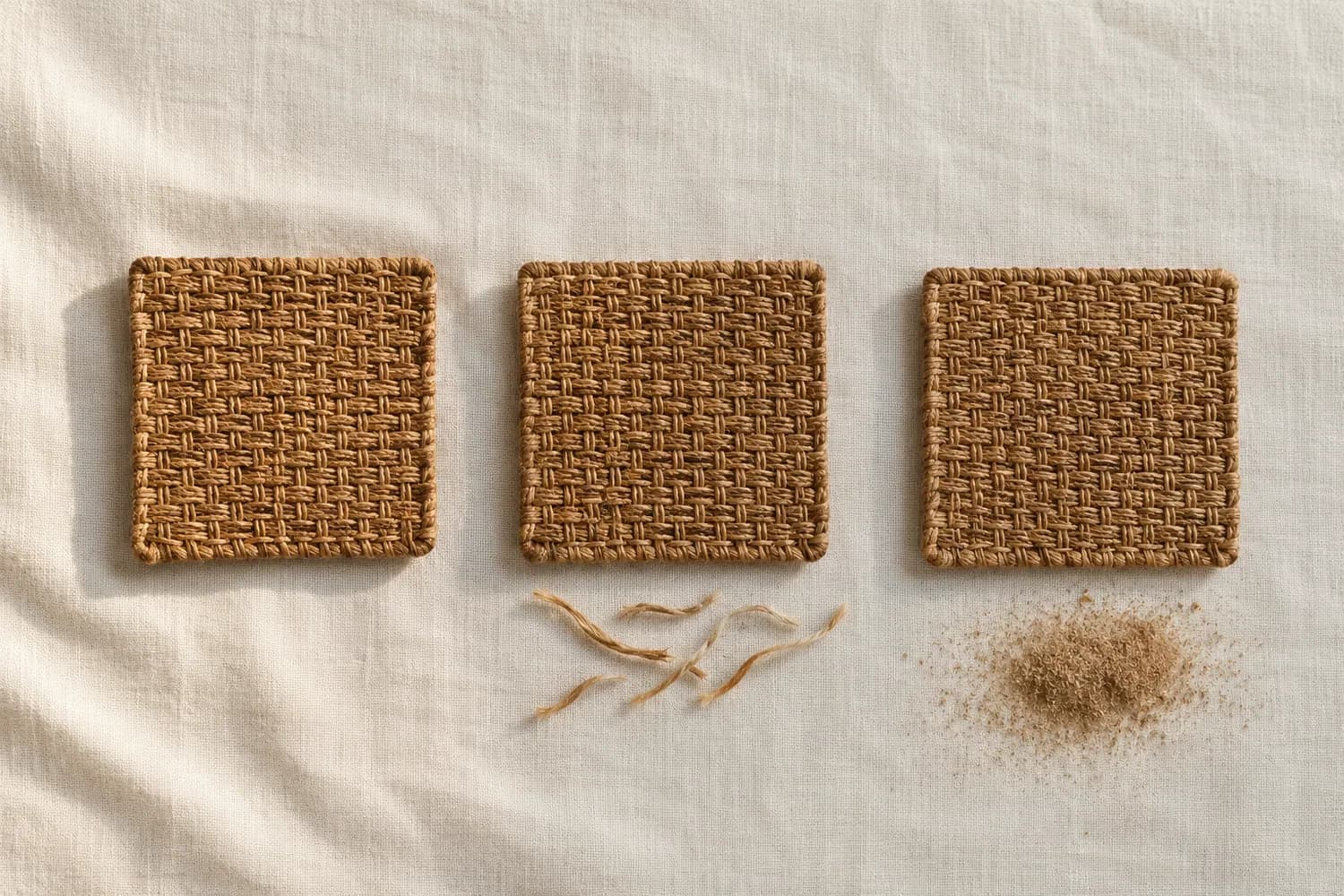 Three woven squares in a row: one clean, one with a few loose strands beside it, one with a small pile of fine fibre dust beside it.