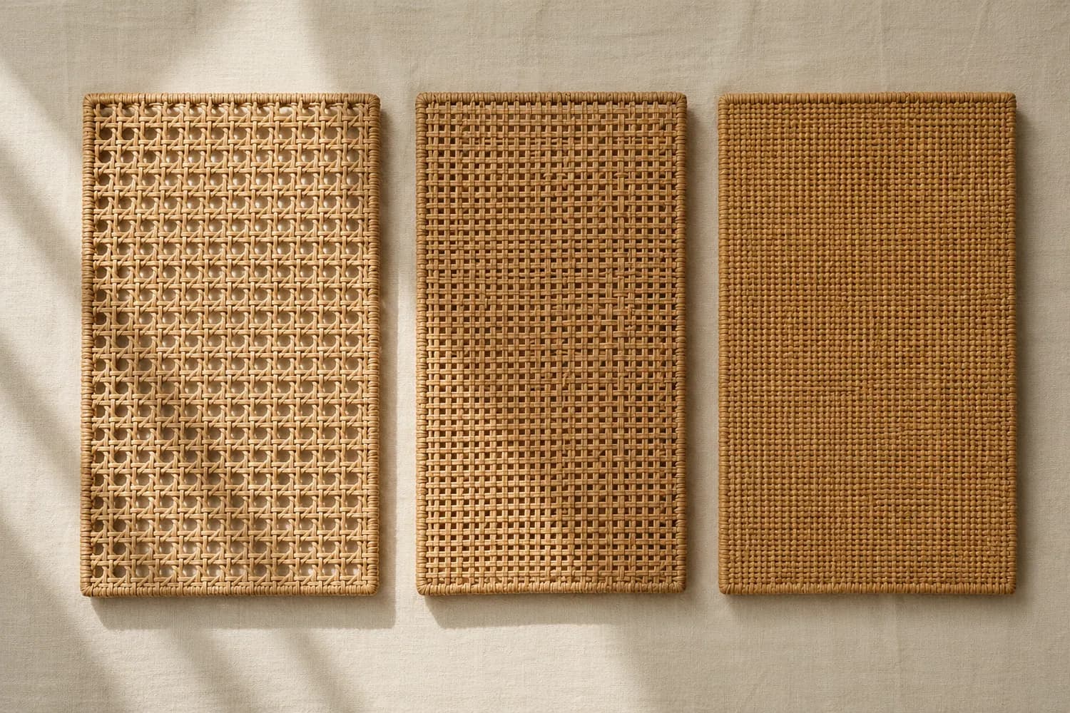 Three woven panels side by side: an open weave with visible gaps, a medium weave, and a tight weave with no gaps.