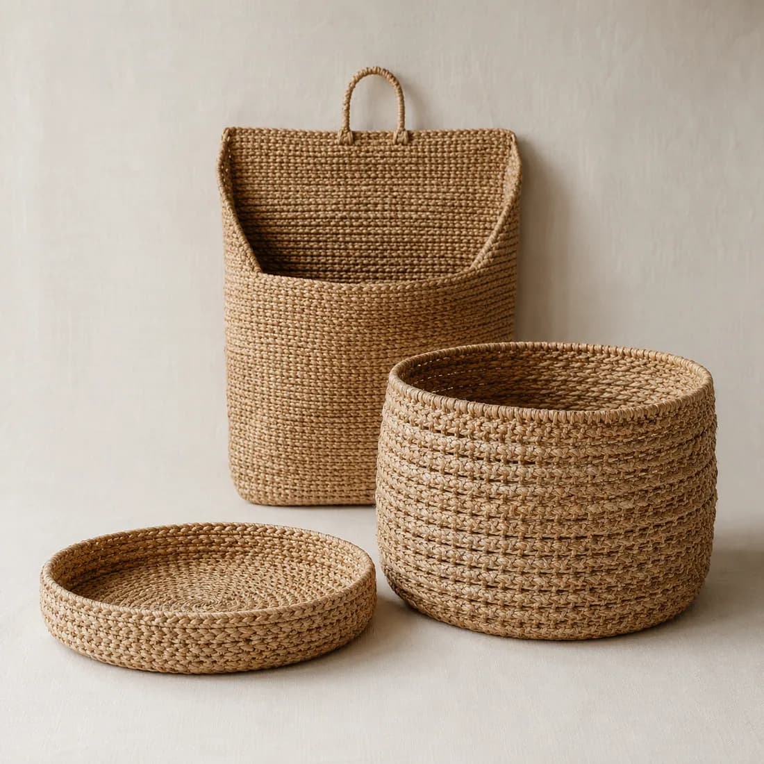 Entryway Set — Wall Pocket, Floor Basket & Tray, shown empty on a plain linen-white background