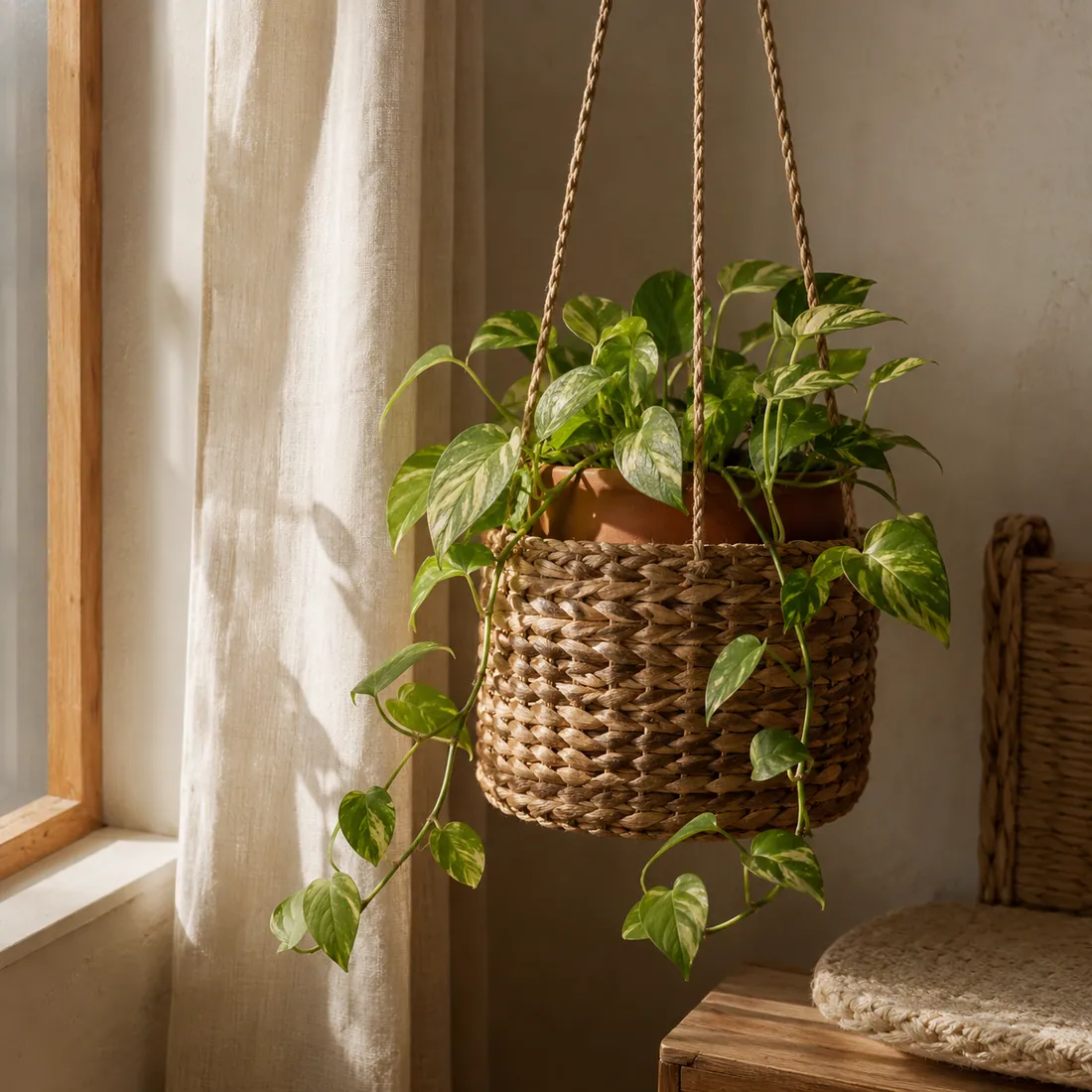 Hanging Planter Ø22 — Seagrass & Cotton in use, loaded, photographed in a room
