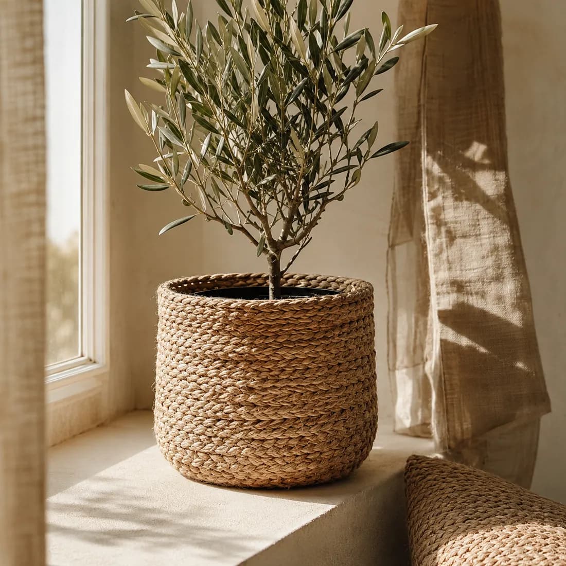 Pot Cover Ø24 — Water Hyacinth in use, loaded, photographed in a room