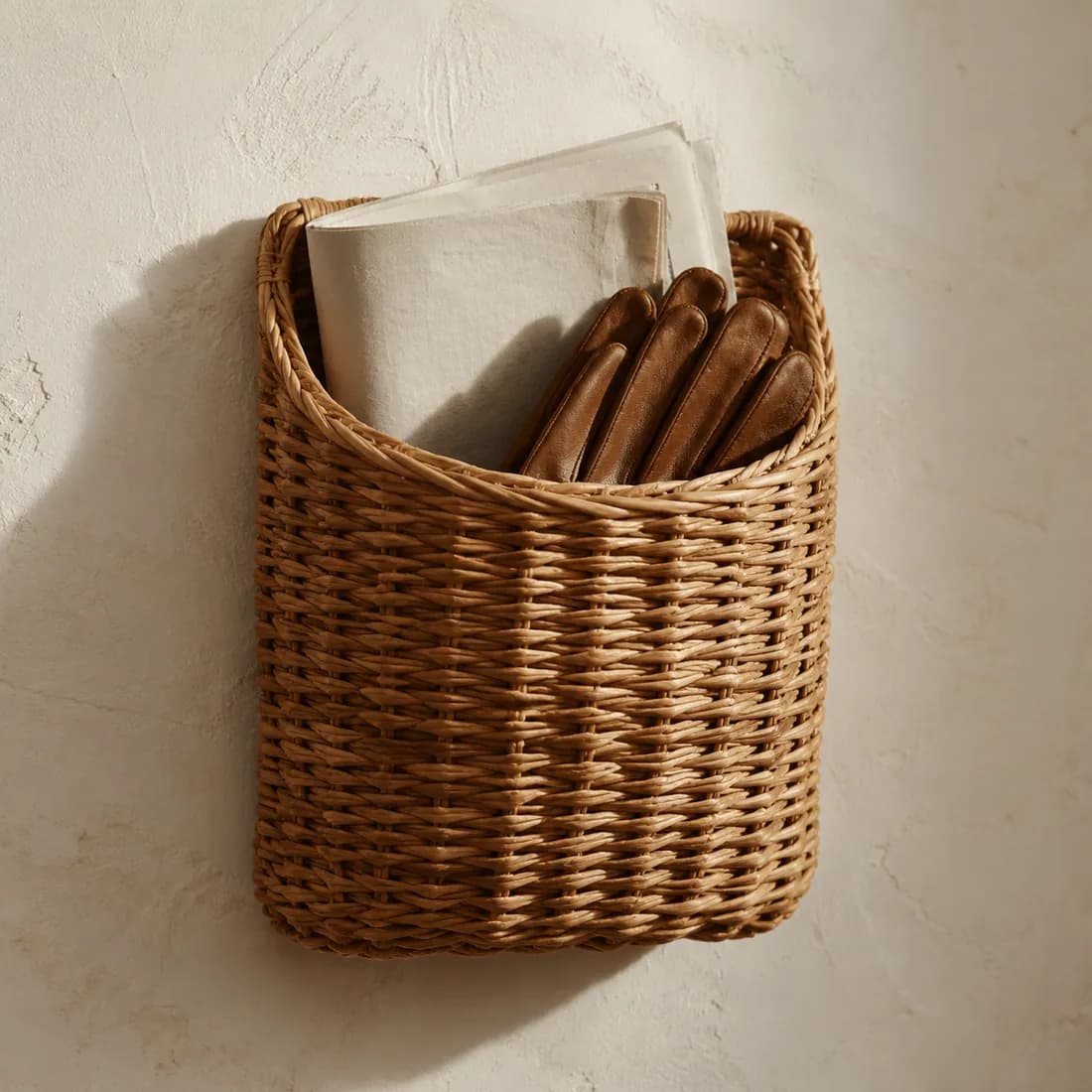 Wall Basket Ø30 — Seagrass in use, loaded, photographed in a room